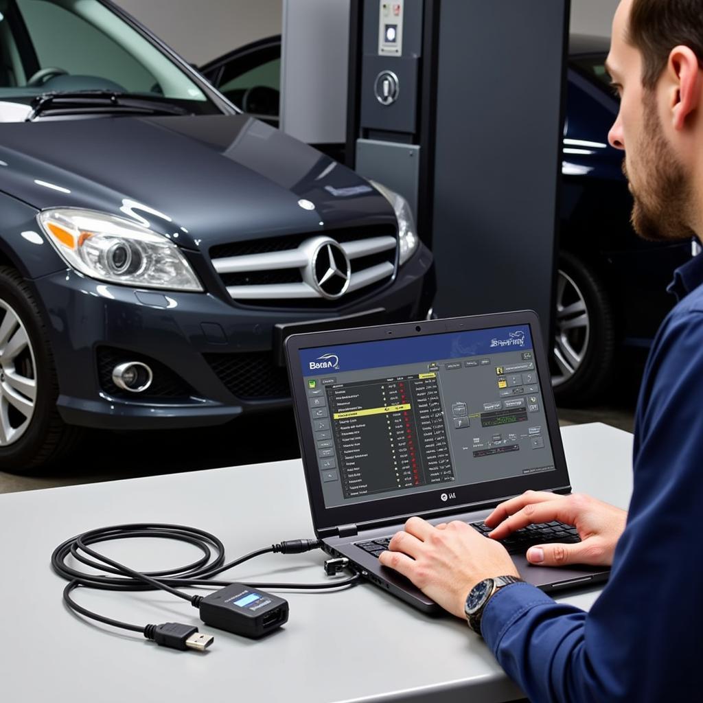 Mercedes Technician Using 60589106300 Cable with XENTRY/DAS