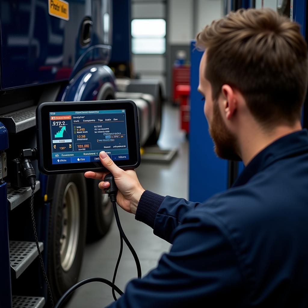 Mechanic using a Mercedes truck diagnostic tool to troubleshoot a truck's engine