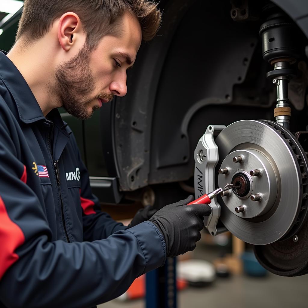 Mechanic inspecting the brake system of a Mini Cooper