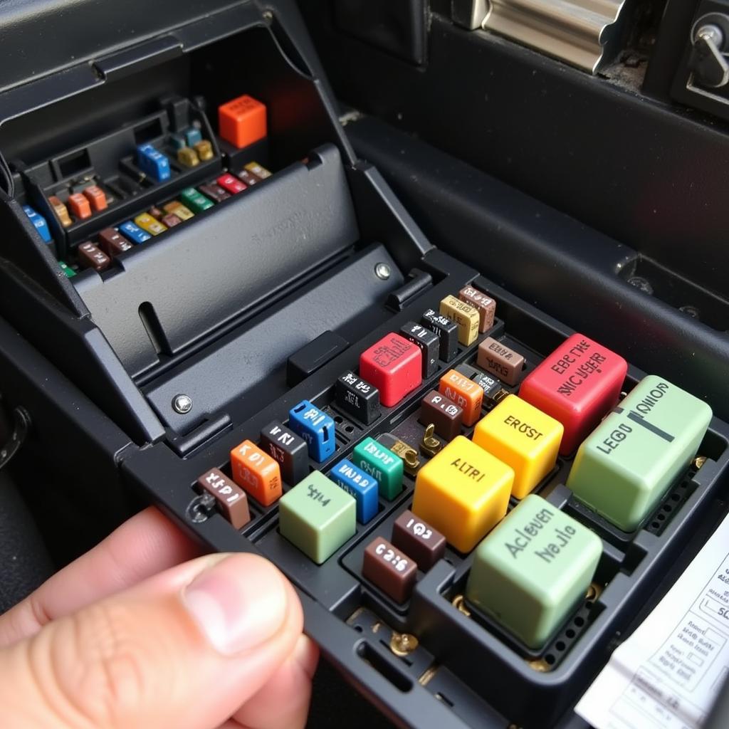 Checking the fuse box for a blown passenger window fuse in a 1991 Mercedes 500 SL