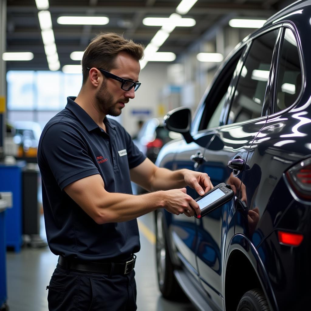 Porsche Technician Performing Diagnostics on a Cayenne