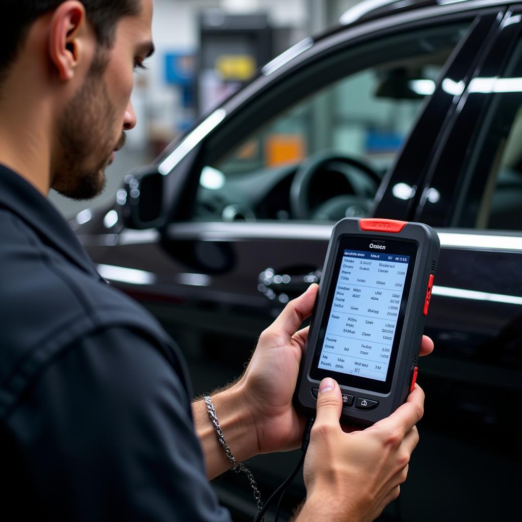 Technician using a professional Mercedes Benz scan tool to diagnose a car problem