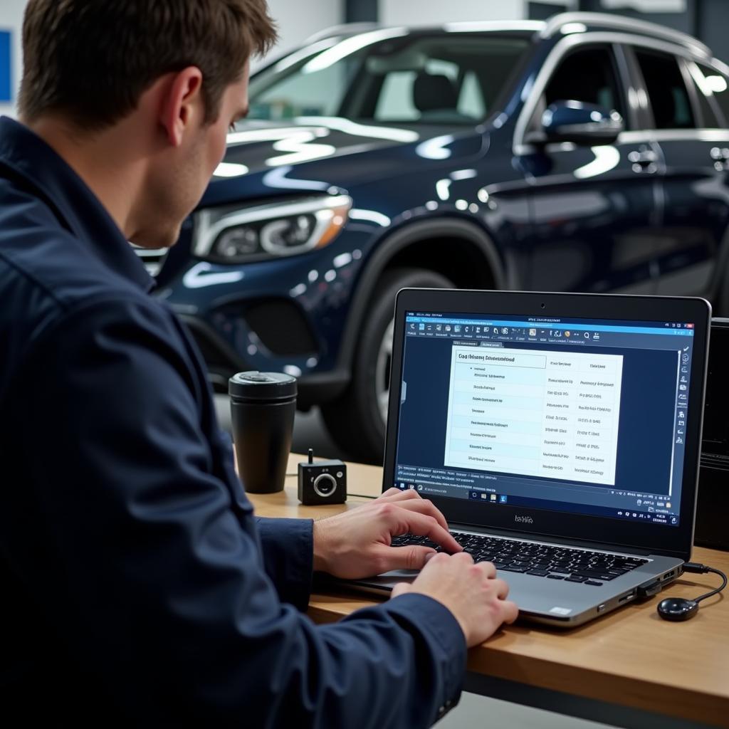 Technician Performing Remote Diagnostics on a Mercedes