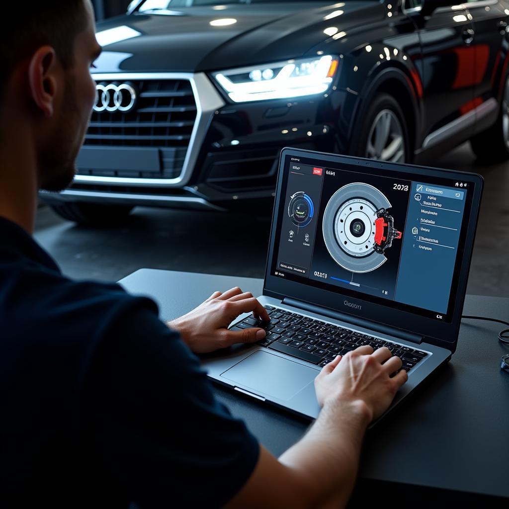 Technician Performing Remote Diagnostics on Audi Q7 Brake System