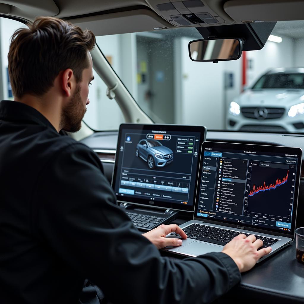 A technician performing remote diagnostics on a Mercedes GL450.