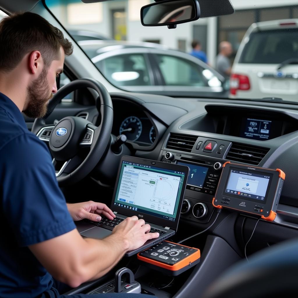 Technician Performing Remote Software Programming on a Subaru Forester