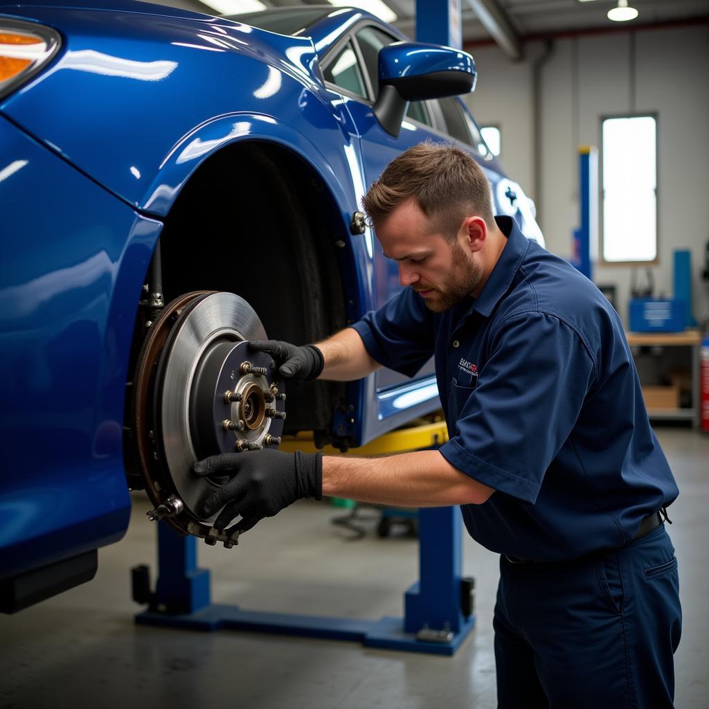 Mechanic Repairing Subaru Impreza Brakes