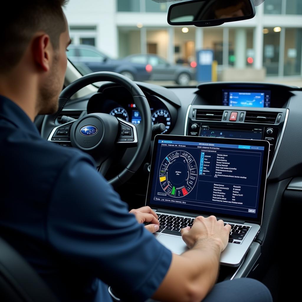 Technician Performing Remote Diagnostics on a Subaru Outback