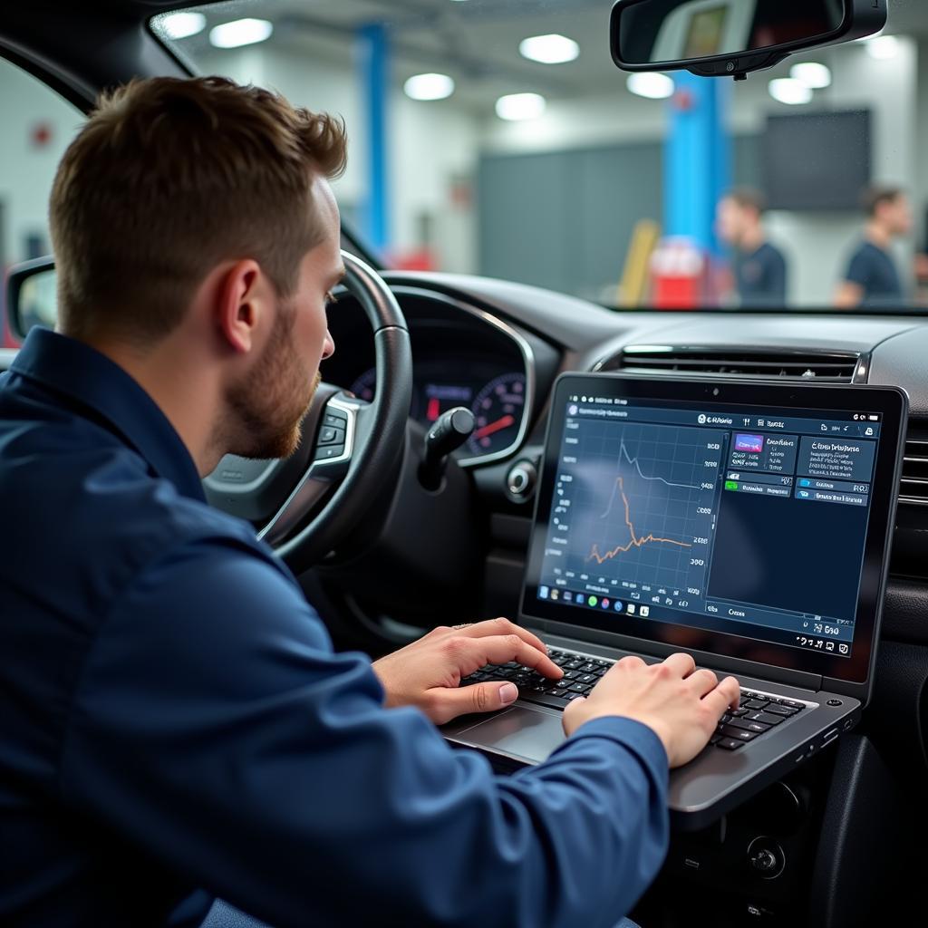 Technician using a laptop to perform remote diagnostics on a vehicle.