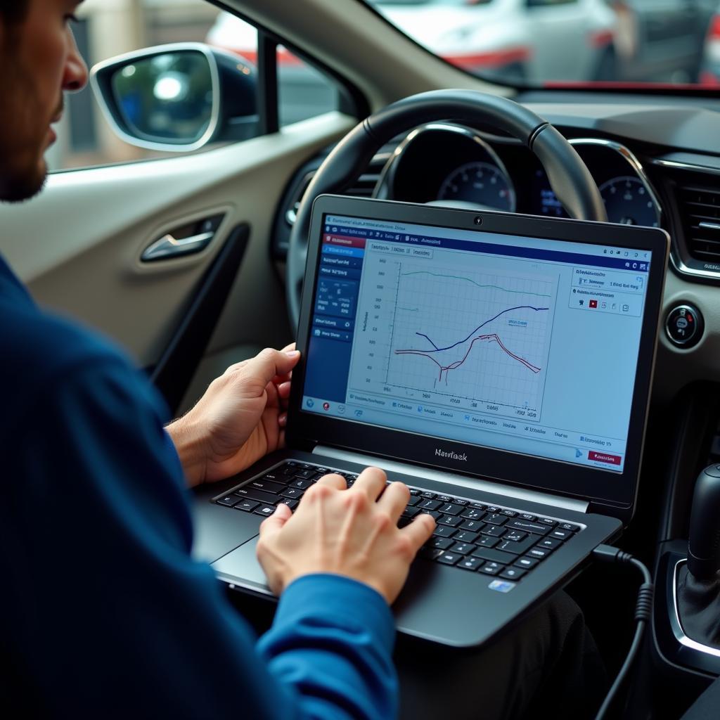 Technician using remote diagnostic software to analyze hybrid battery data