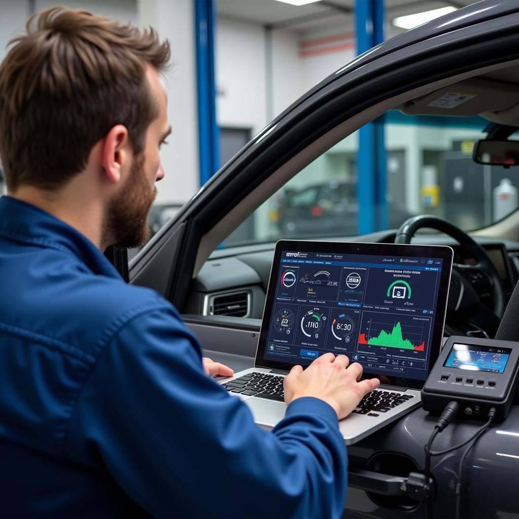 Technician Performing Remote Diagnostics on Car