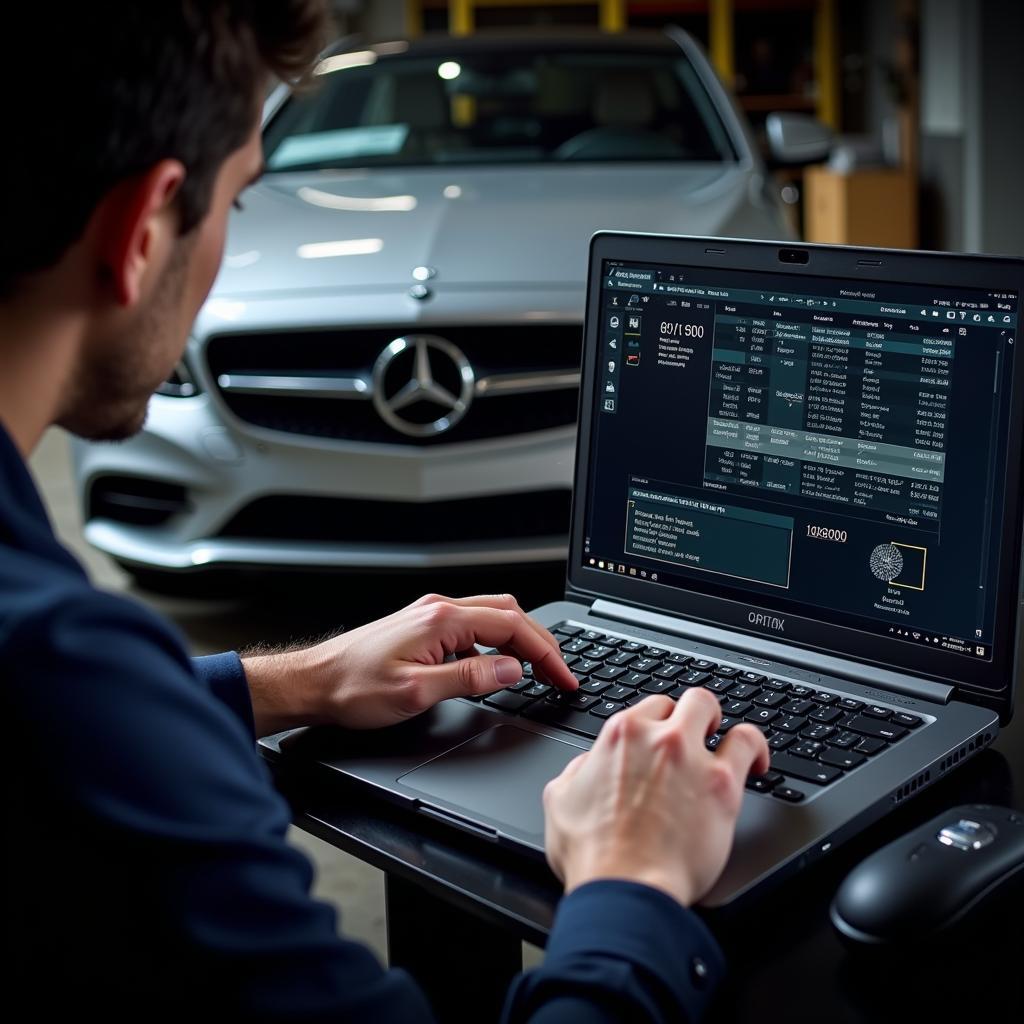 Technician Performing Remote Diagnostics on a Mercedes Benz to Fix Code 108800