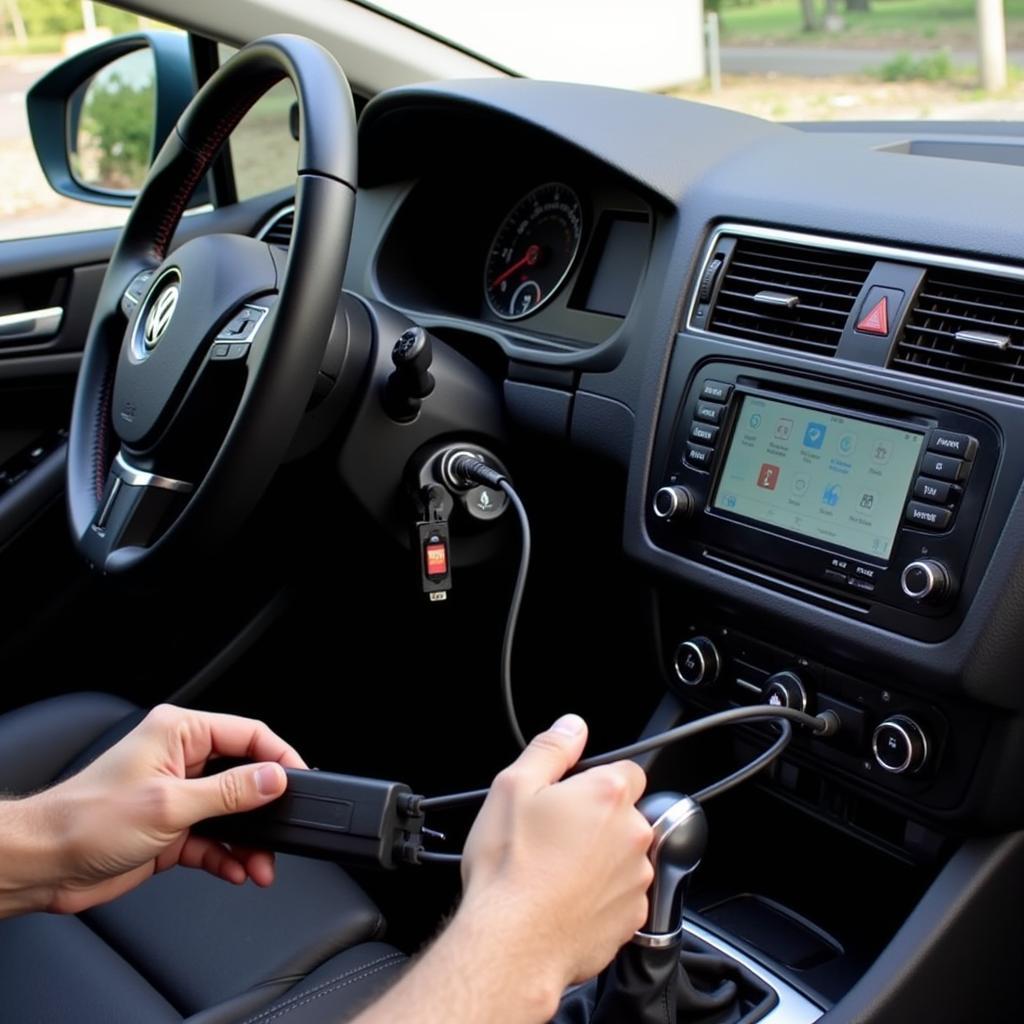 VCDS Cable Connected to OBD-II Port in a Car