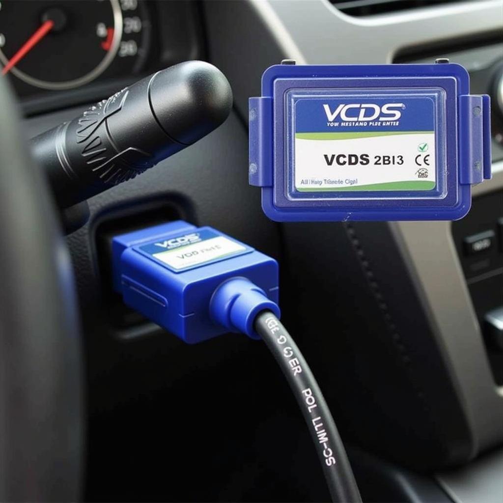 VCDS Diagnostic Interface Connected to a Car's OBD-II Port