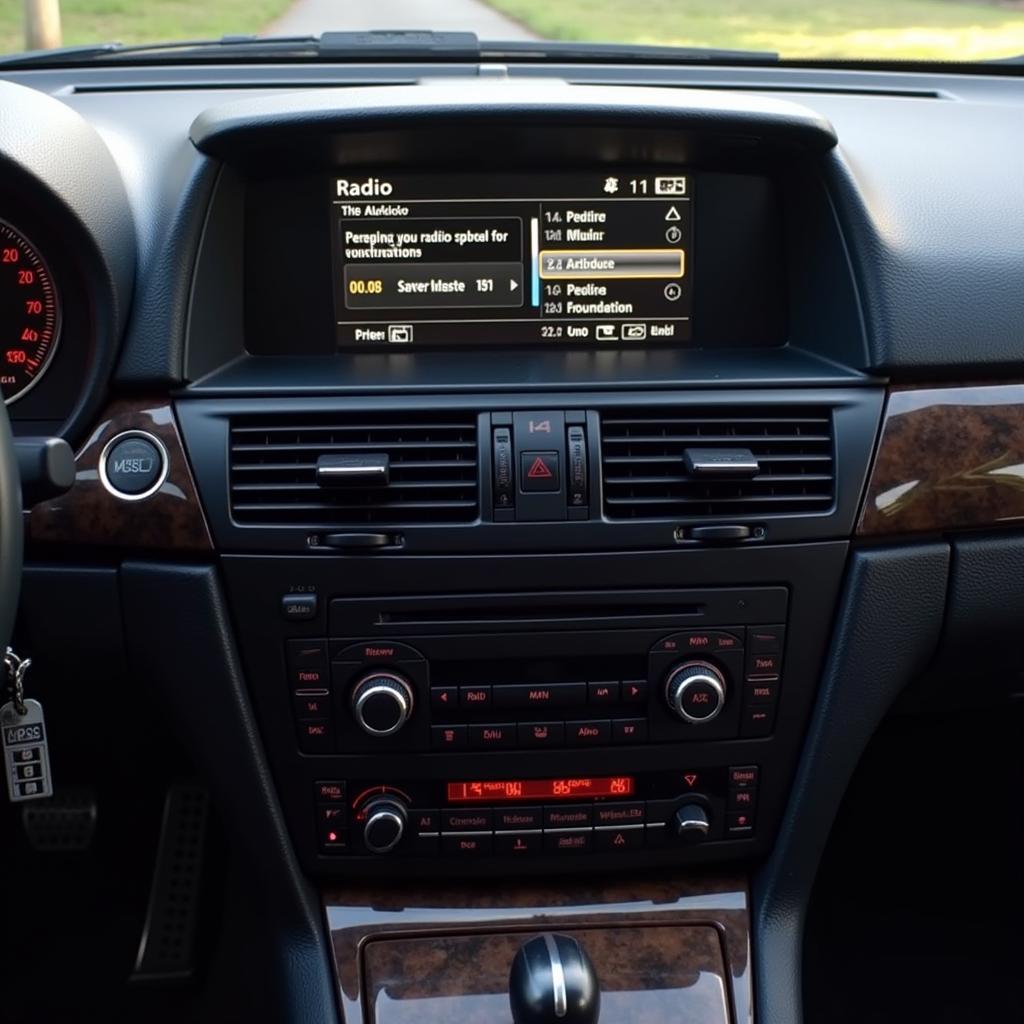 1998 BMW 740il E38 MID Display showing the audio system interface and information related to the radio and code entry.