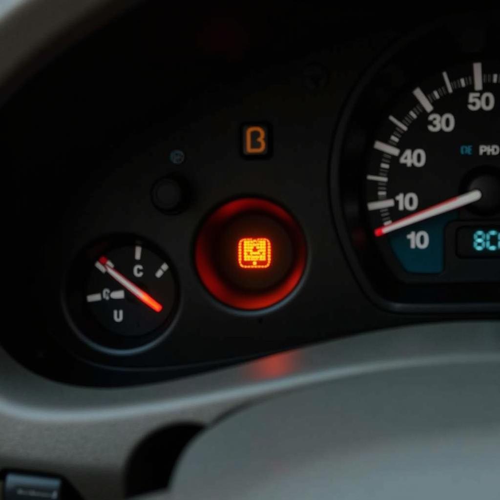 2002 Prius dashboard displaying a lit brake warning light