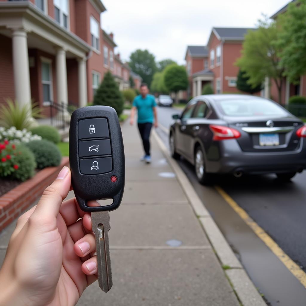 2015 Nissan Altima key fob struggling to unlock the car from a distance, illustrating reduced range due to a weak battery.