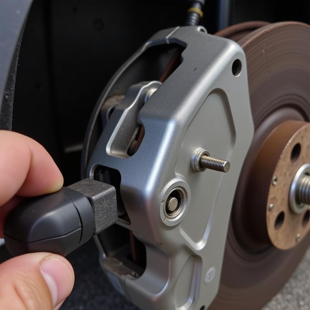 Close-up of 370z Brake Pad Wear Sensor