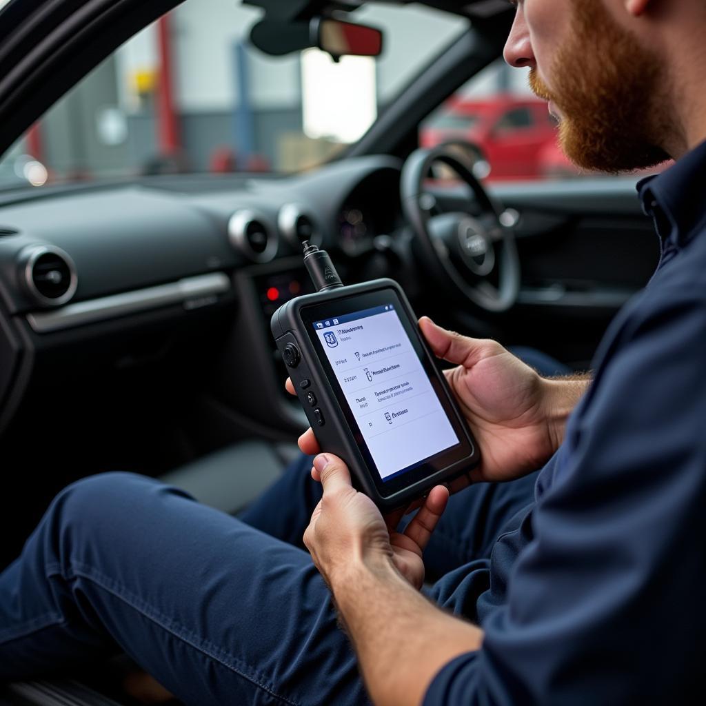 Mechanic performing a diagnostic scan on an Audi A3's brake system.