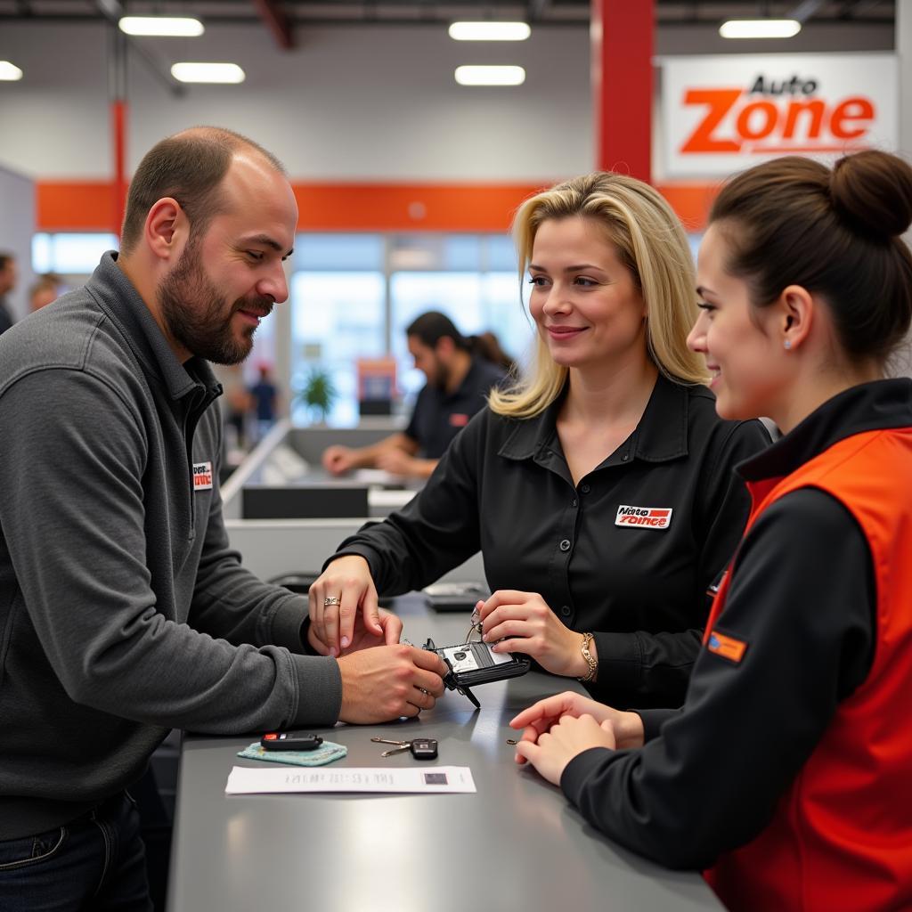 AutoZone Associate Helping Customer with Key Fob