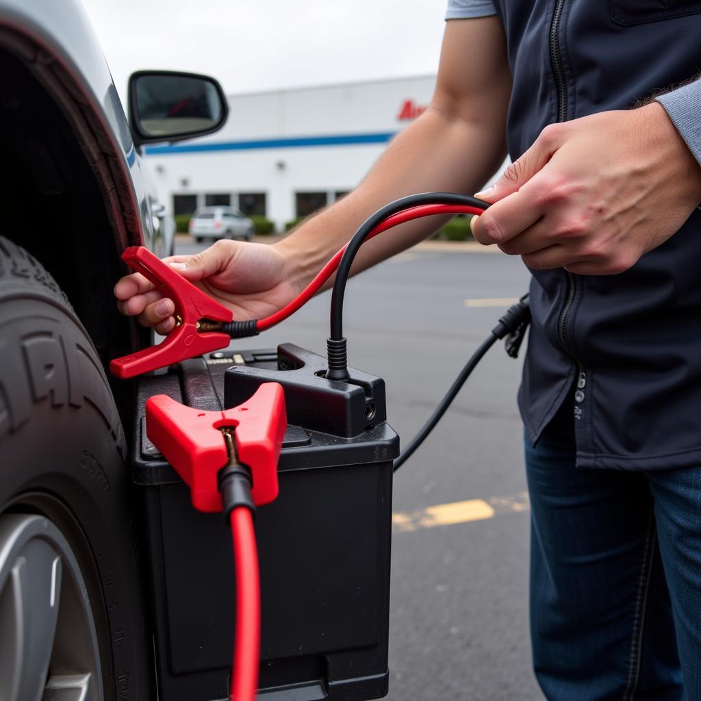 Jumpstarting a car with a dead battery at AutoZone