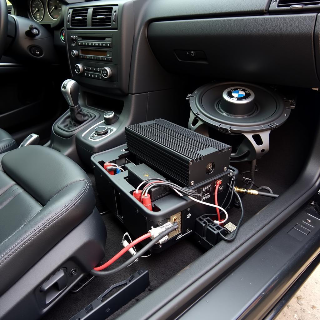 Close-up view of BMW 335i audio system components, including speakers, amplifier, and wiring.