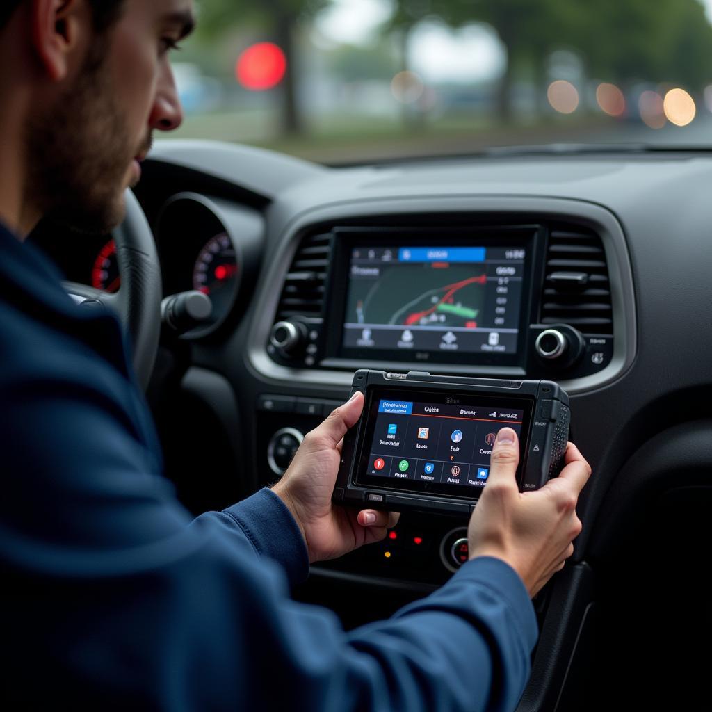 Car Audio Technician Diagnosing Bluetooth Issue