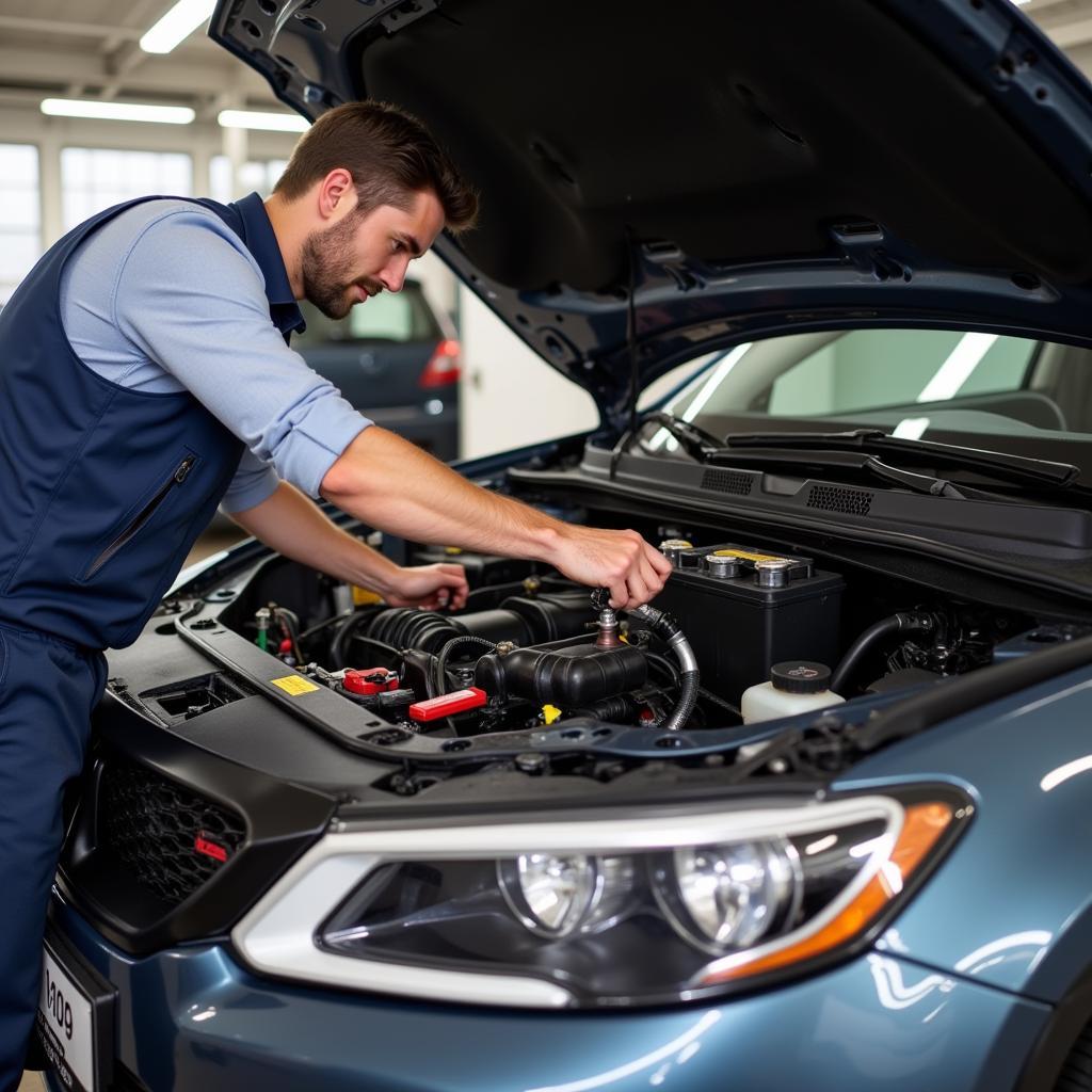 Car Battery Replacement: A mechanic replaces a car battery in a car's engine compartment.