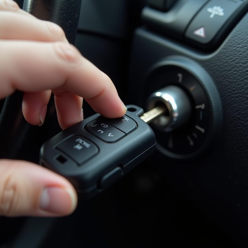 Car key fob being inserted into the ignition