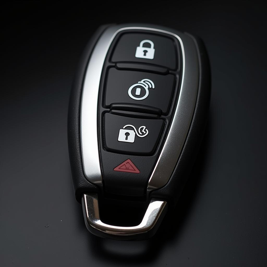 Close-up of a modern car key fob, showing the buttons and design.