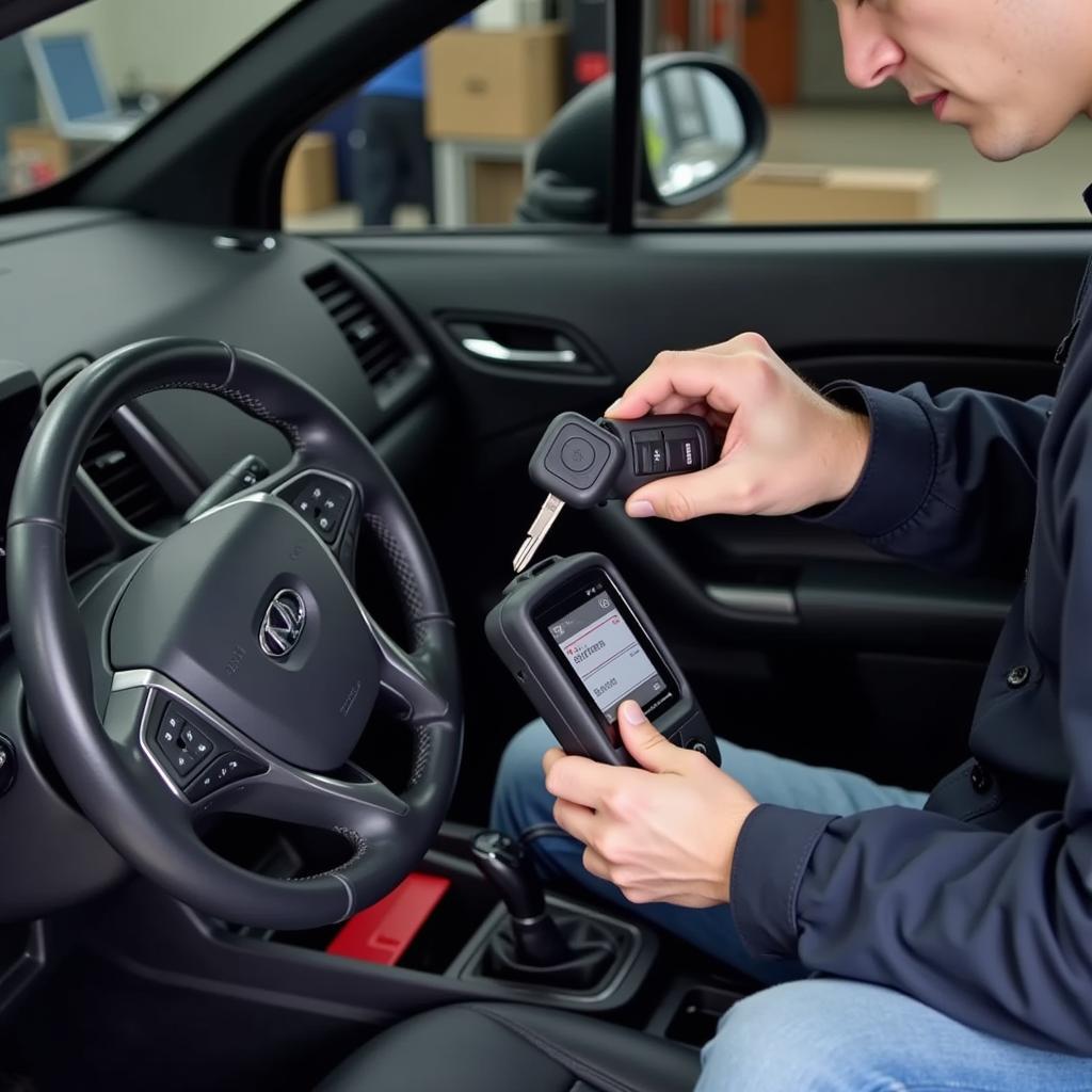 A person programming a car key fob using a diagnostic tool.