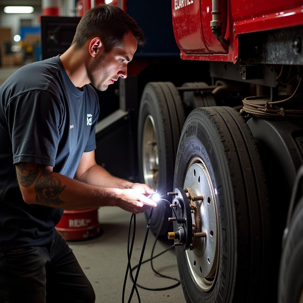 Mechanic Checking Air Brake Lines on a Peterbilt