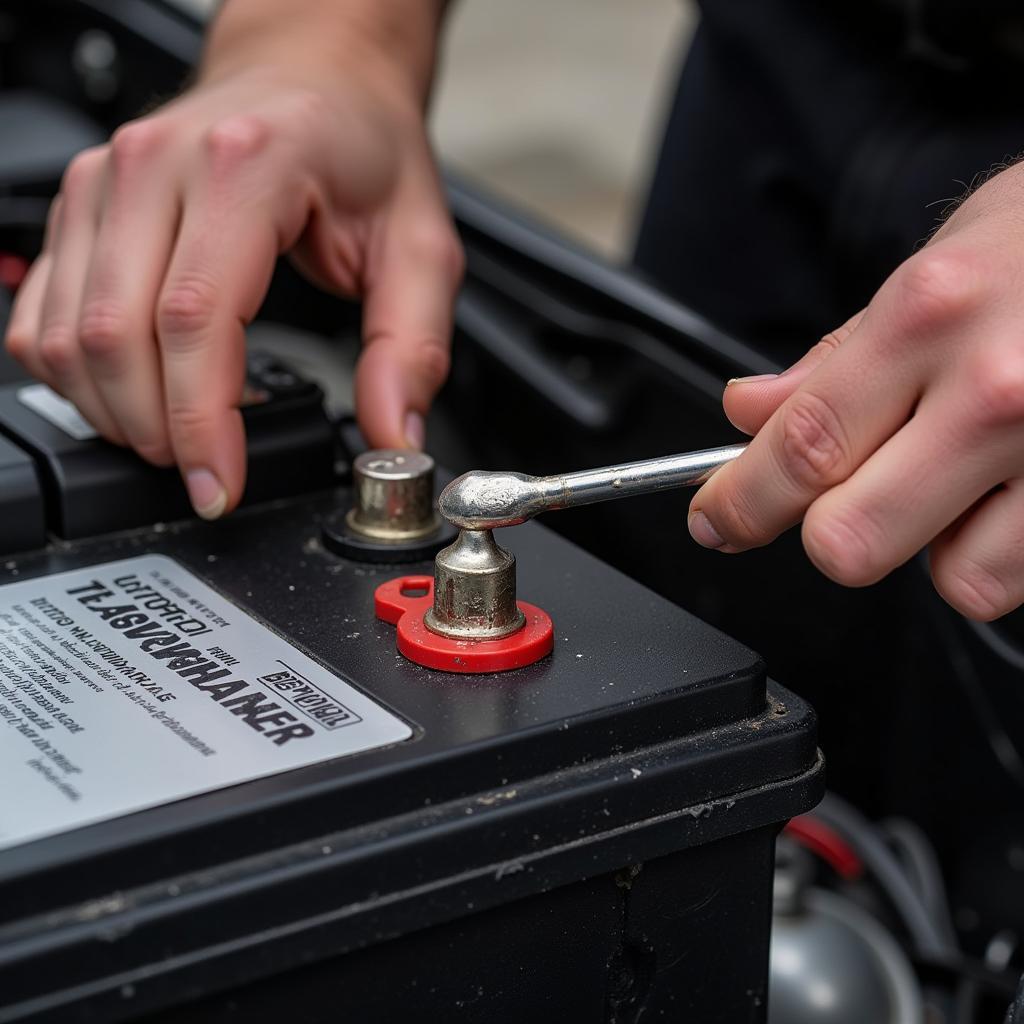 Checking car battery terminals for corrosion