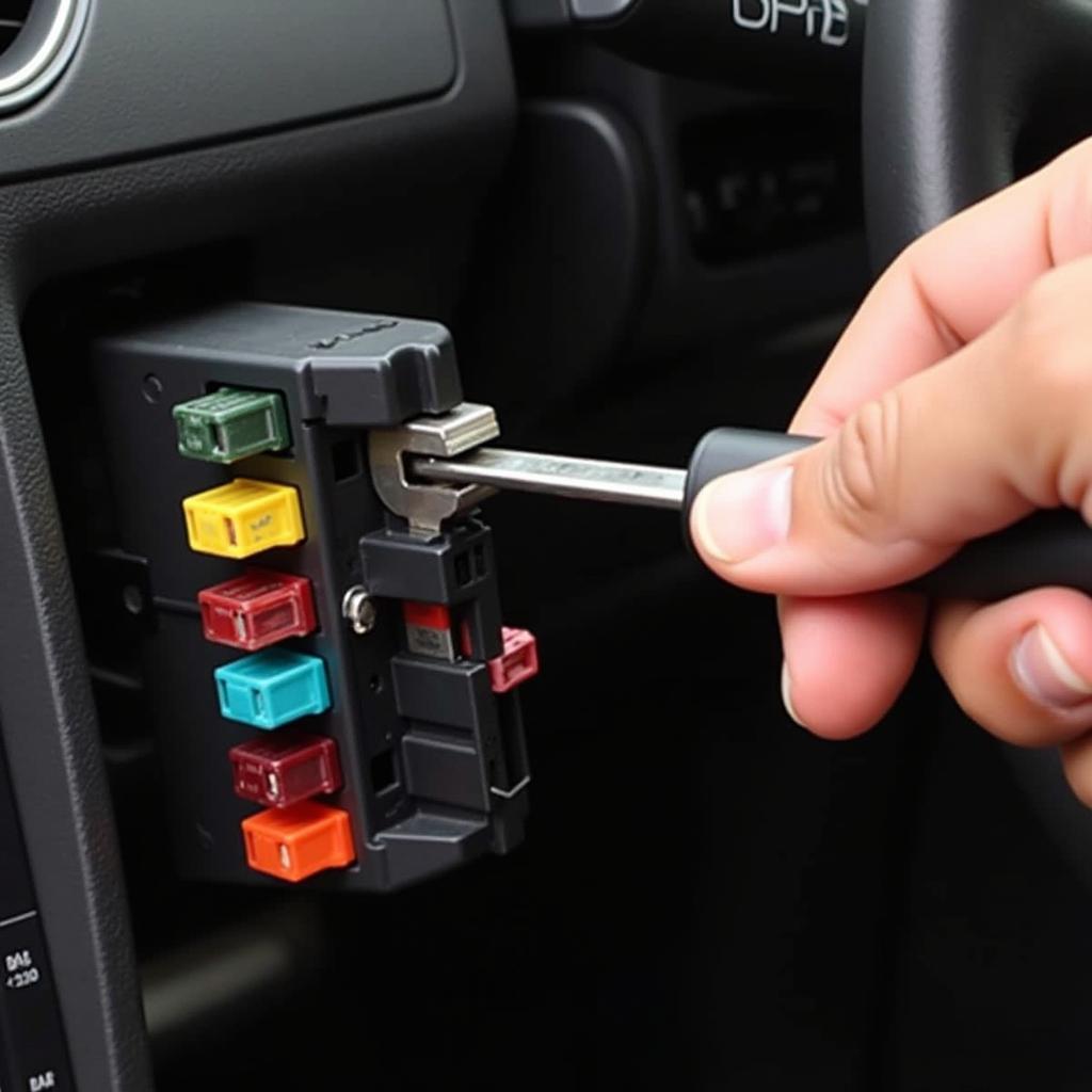 Checking Car Fuses After Battery Change:  A person inspects the fuses in a car's fuse box after replacing the battery.