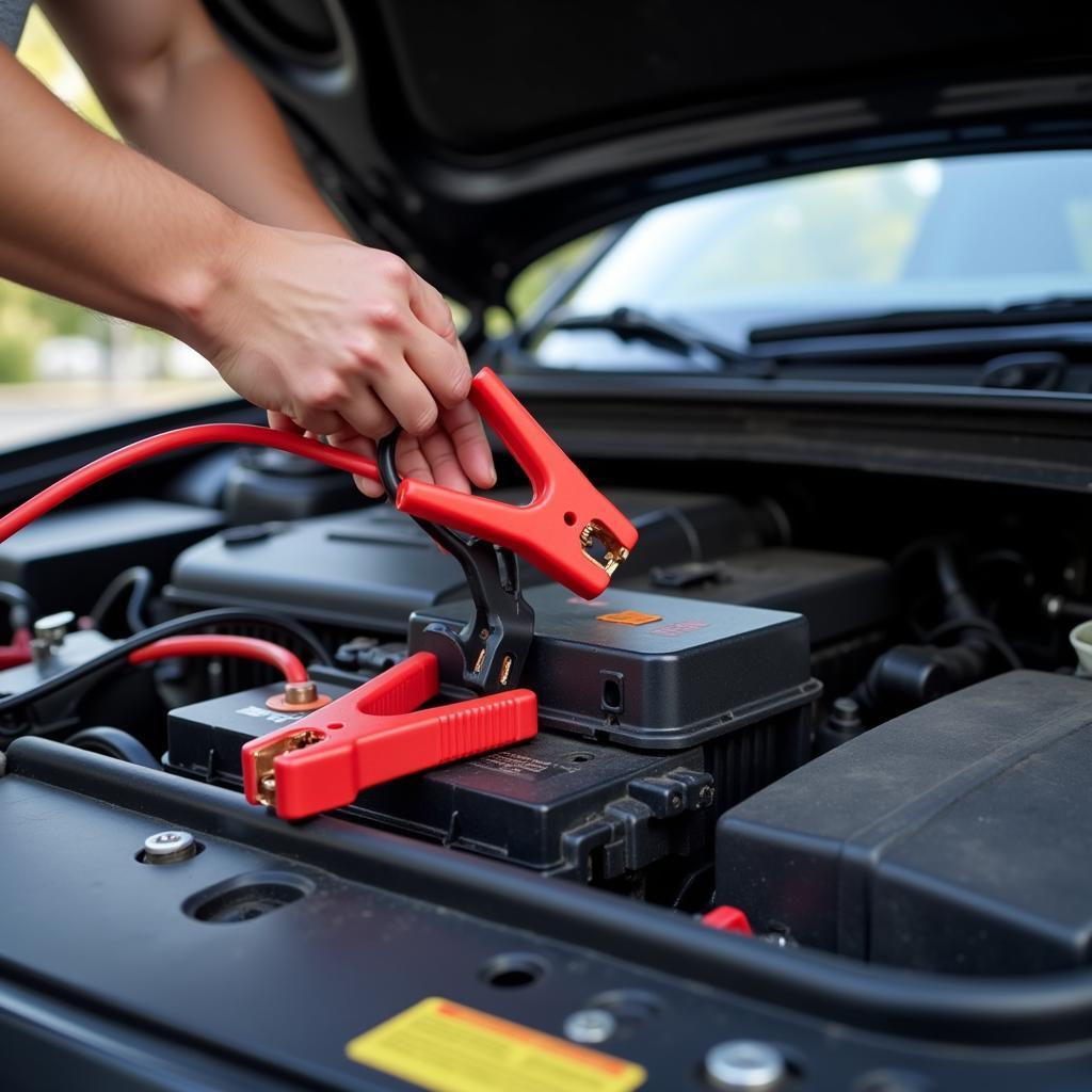 Car battery completely dead overnight being jump-started with jumper cables.