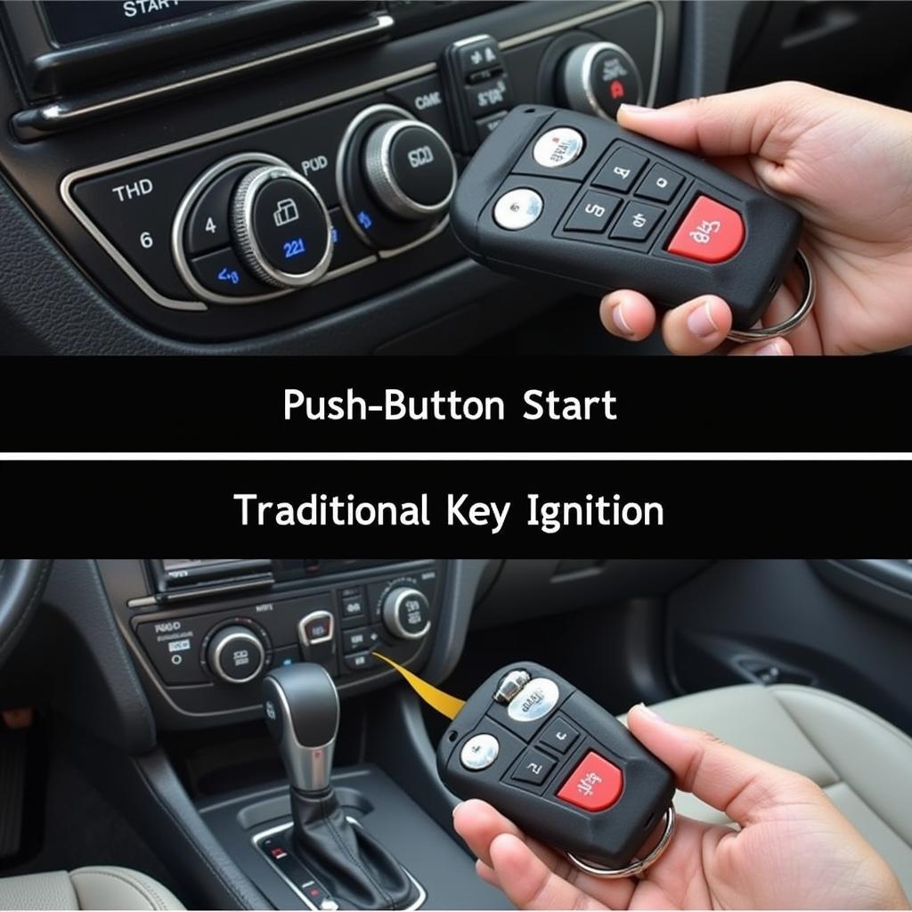 Different car ignition types, including push-button and traditional key ignition.