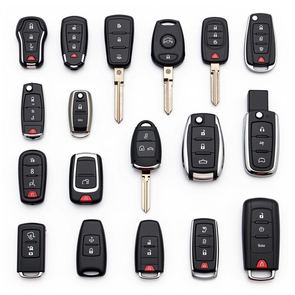 Variety of key fobs for different car models.