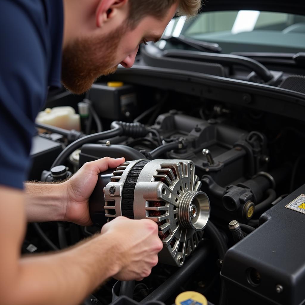 Mechanic inspecting car alternator