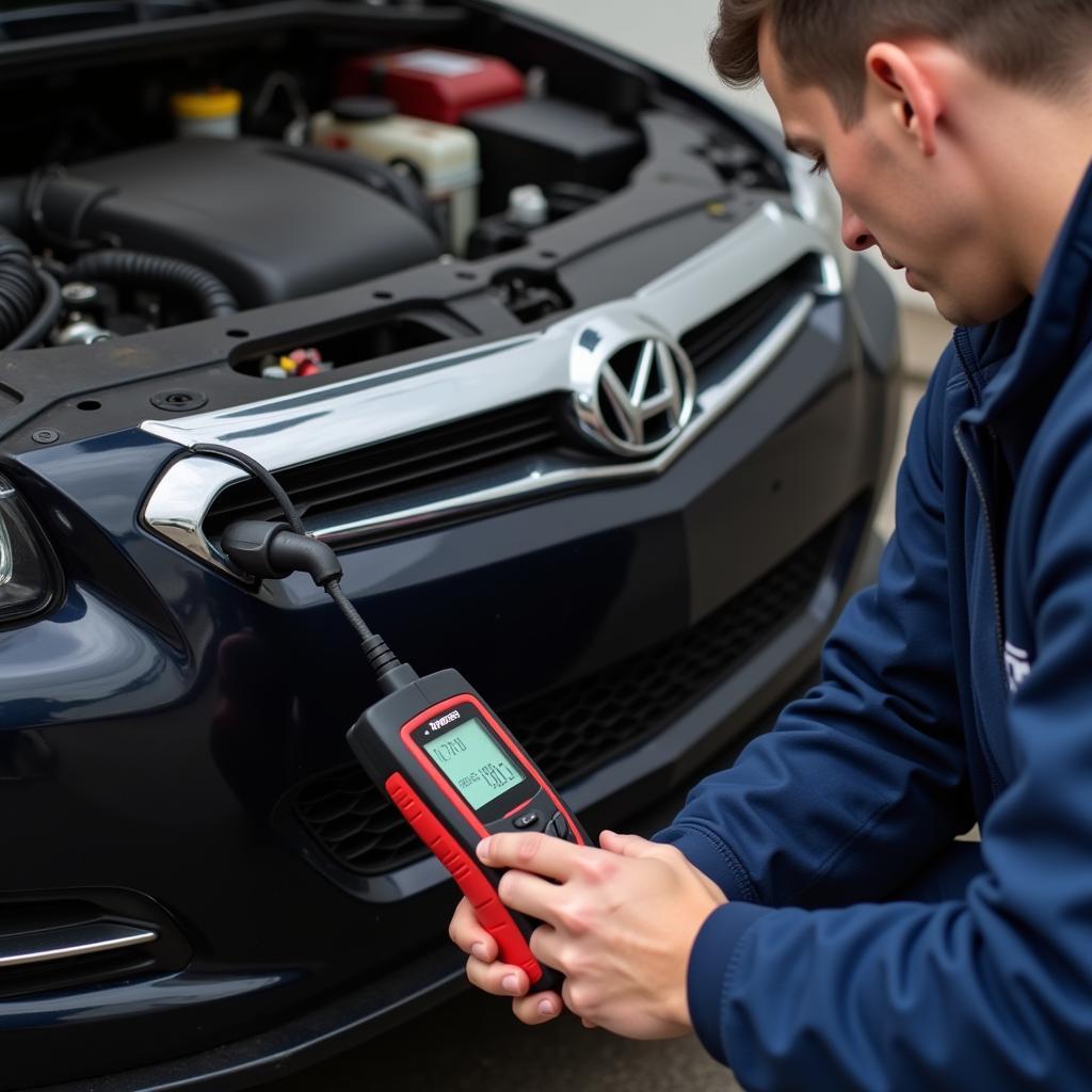 Mechanic Diagnosing Car Battery Issue with Diagnostic Tool