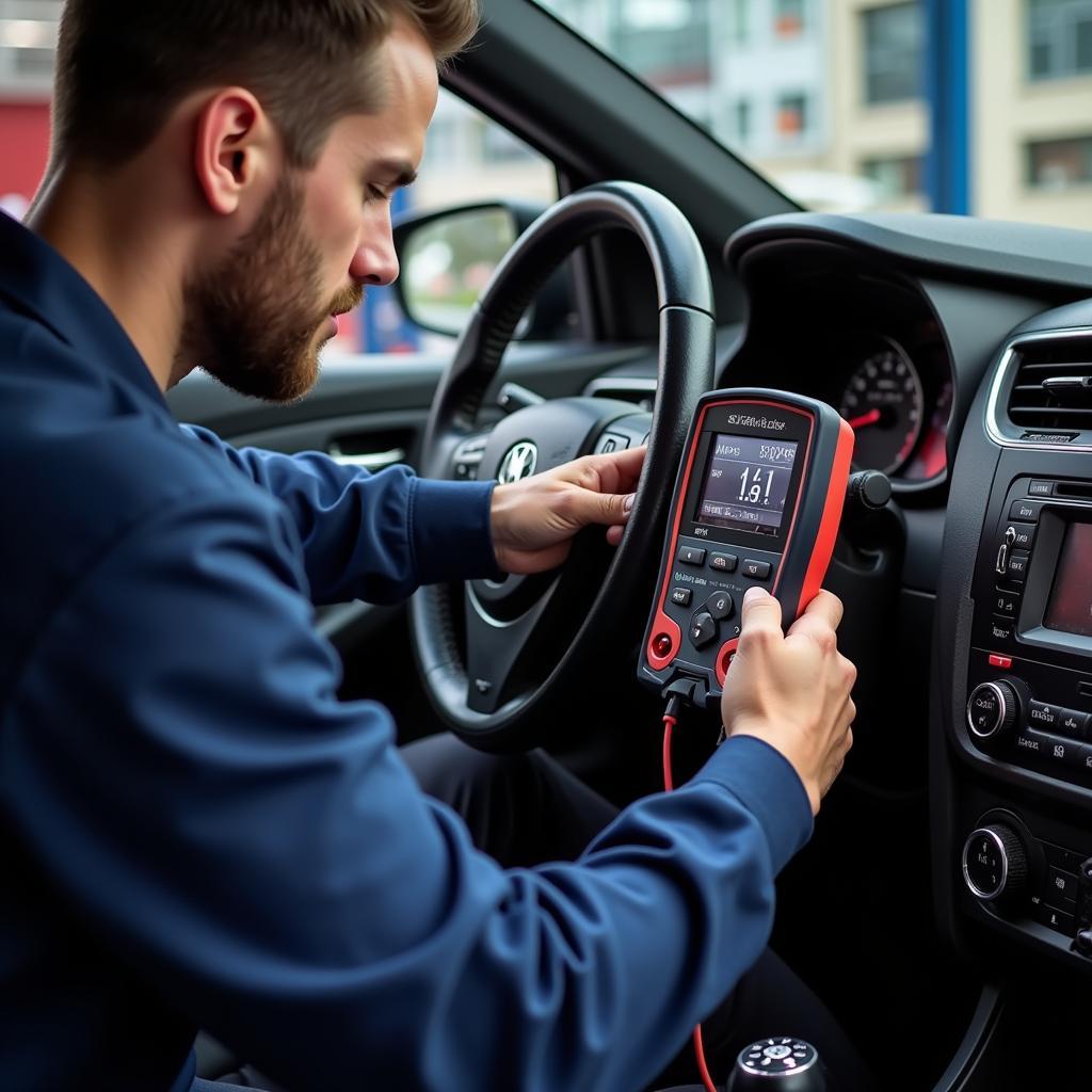 Mechanic diagnosing car AC problem