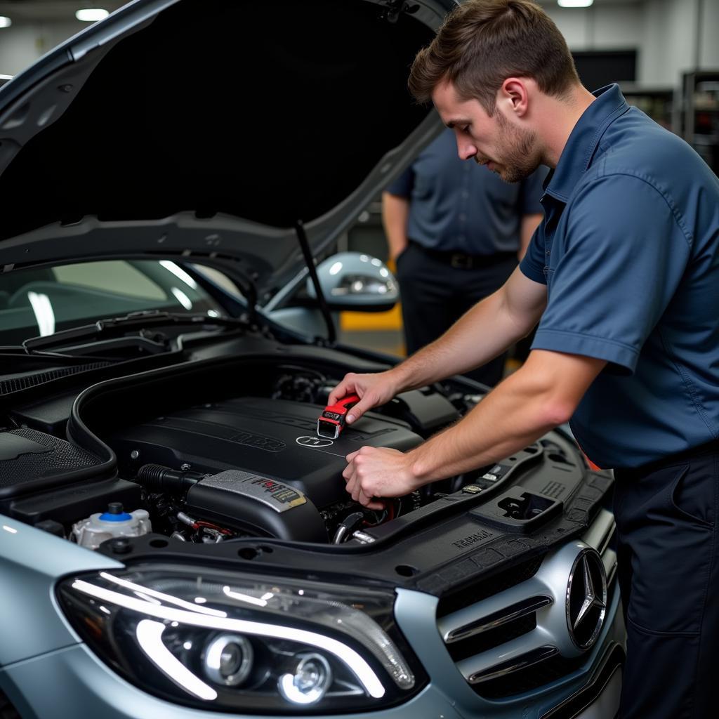 Mechanic Inspecting Mercedes Engine Bay