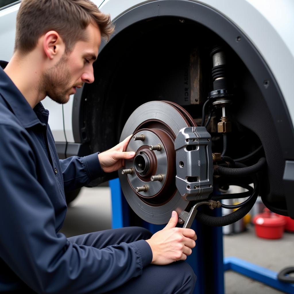 Mechanic Inspecting Toyota RAV4 Brakes