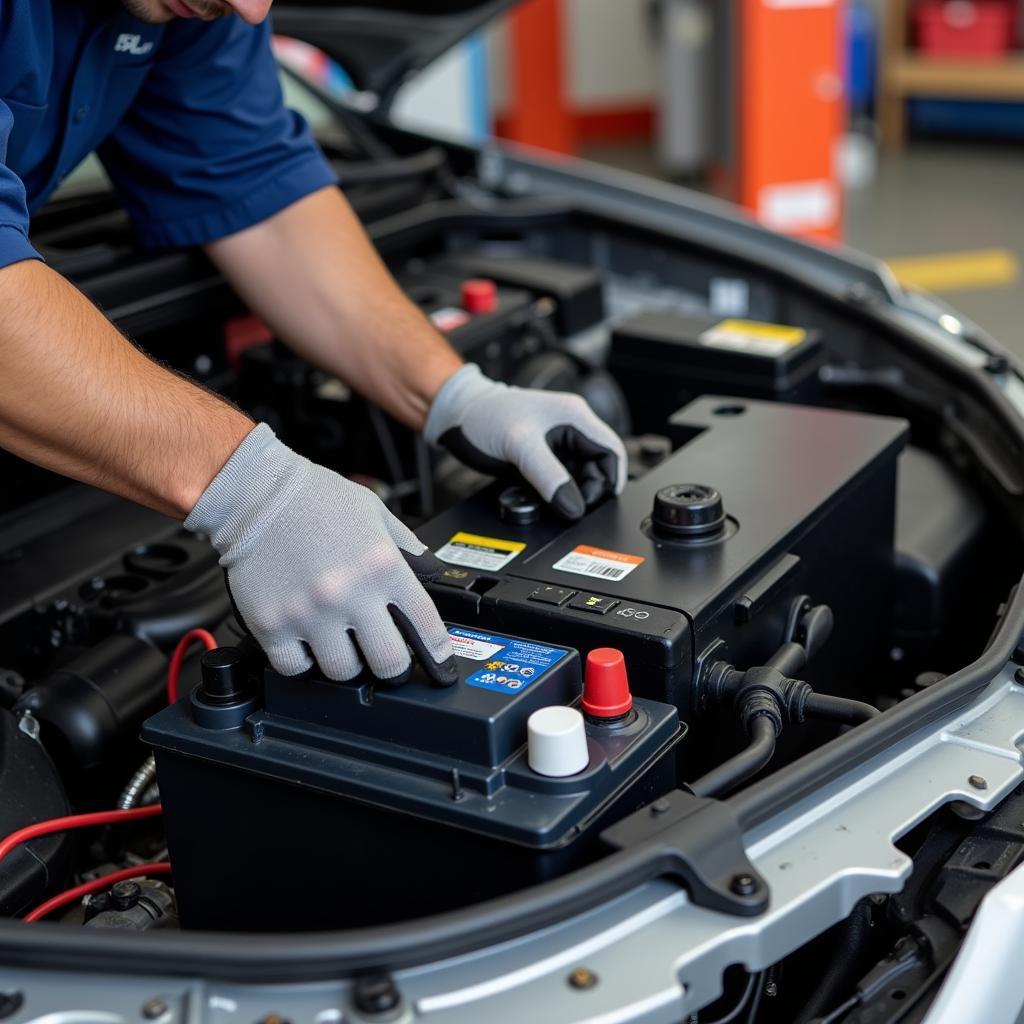 Mechanic Installing New Car Battery