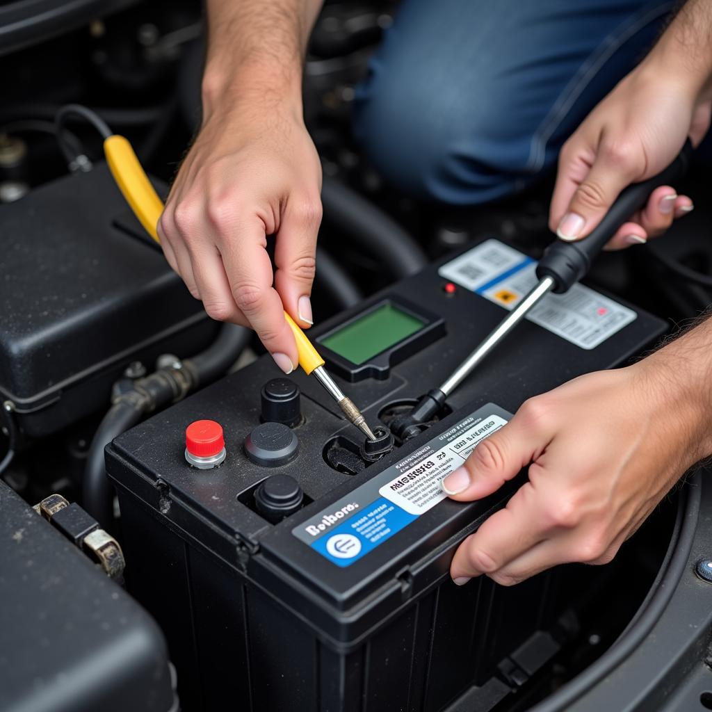 Mechanic performing car battery maintenance