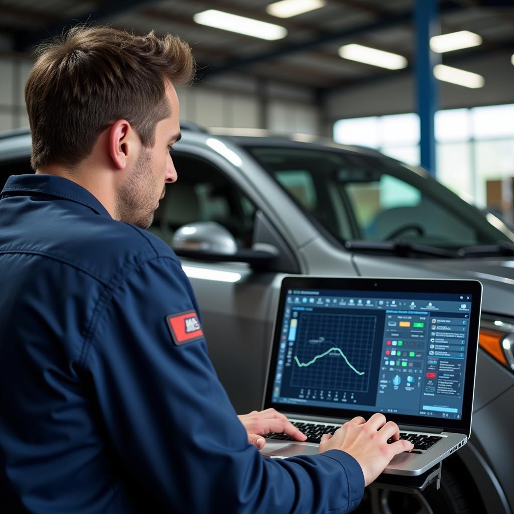 Mechanic Performing Remote Diagnostics on a Car