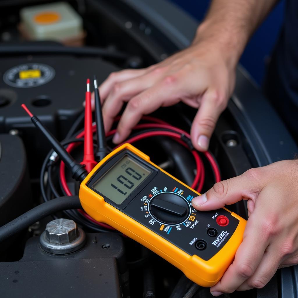 Mechanic Testing Car Battery with Multimeter