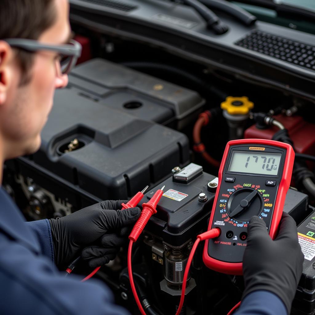 Mechanic Testing Car Battery with Multimeter