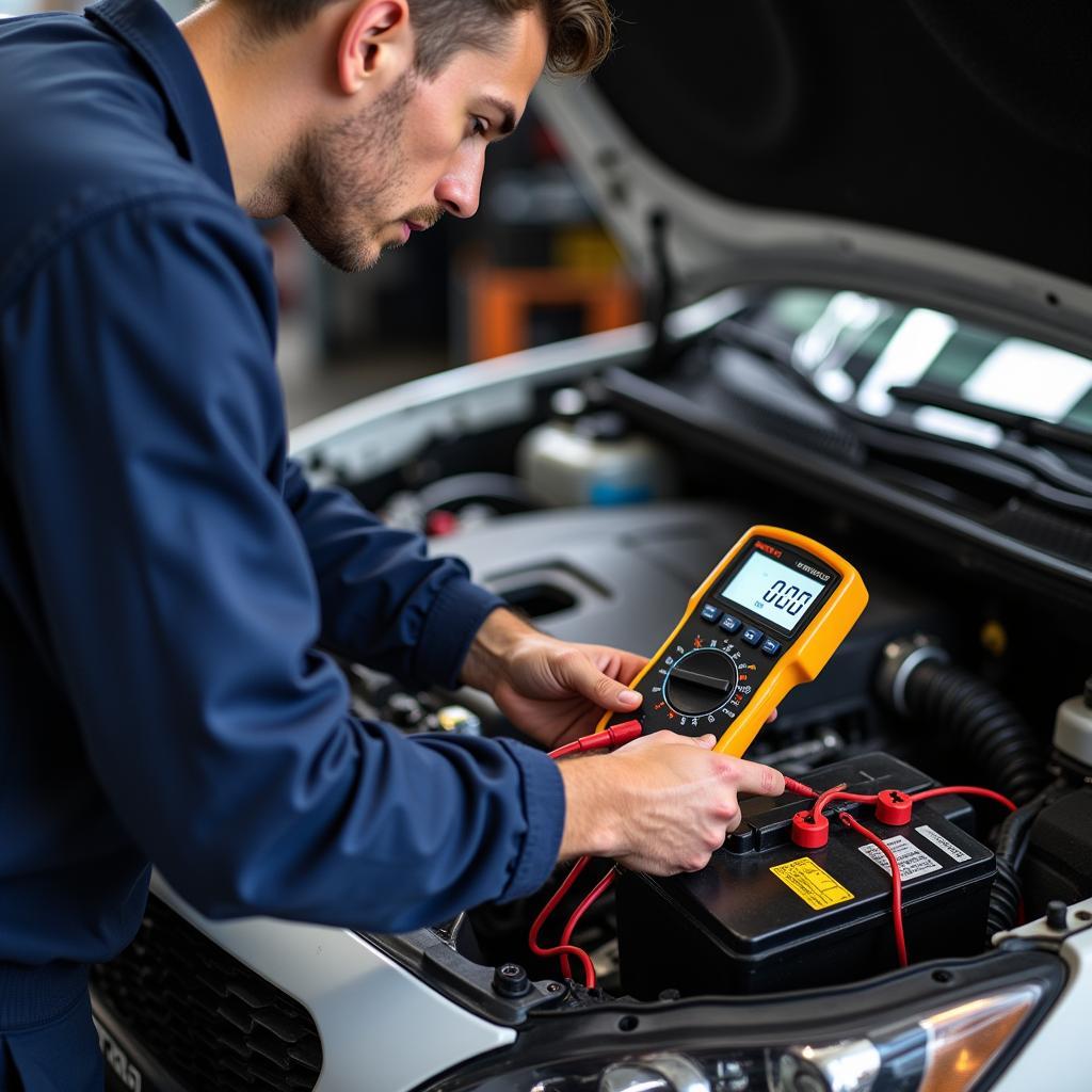 Mechanic Testing Car Battery with Multimeter