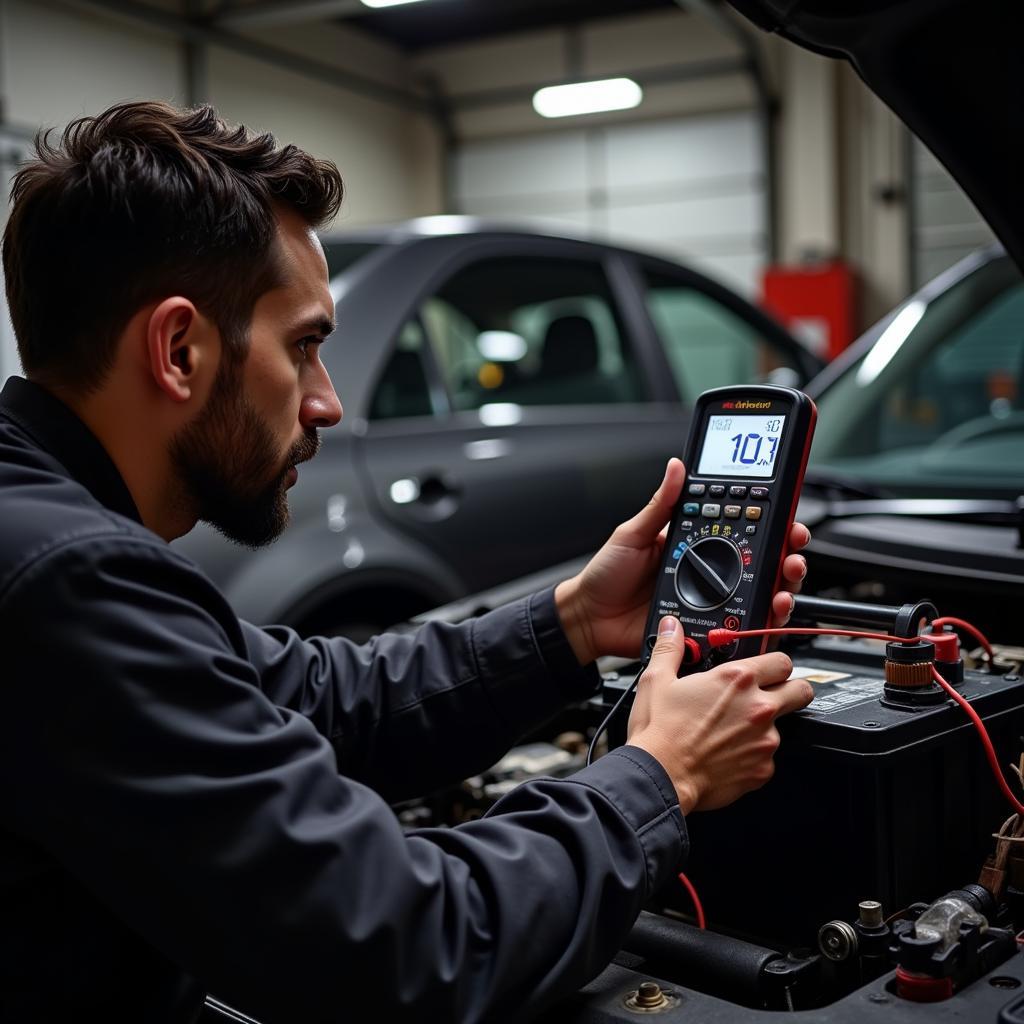 A mechanic using a multimeter to test a car battery.