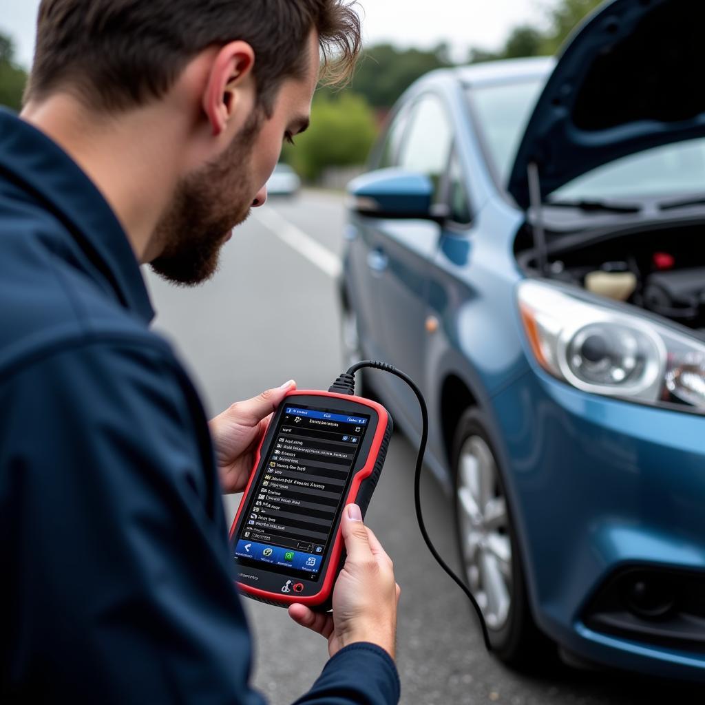 Mechanic Using Remote Diagnostic Tool on Car with Dead Battery